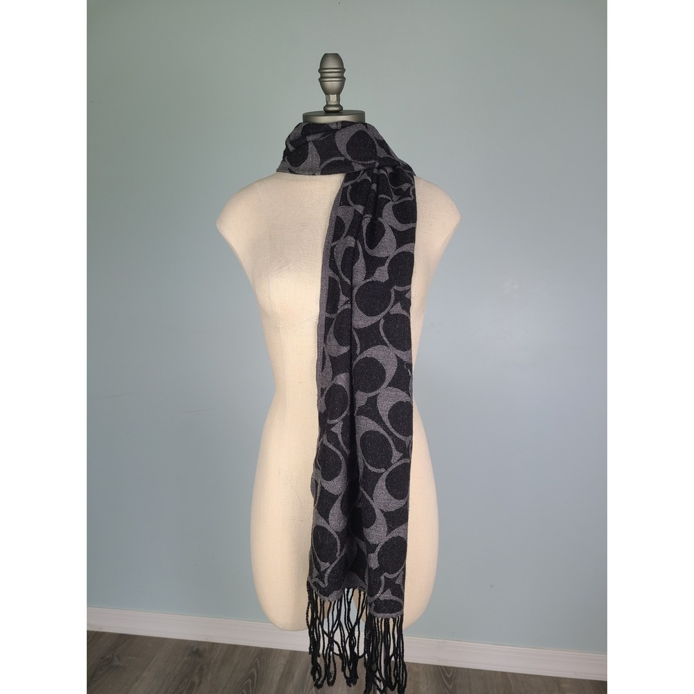 Y2K Coach 100% Merino Wool Scarf Logo Signature Gray Black Luxury Designer